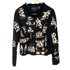 𝅺michael Simon Vintage Cardigan Sweater, Glamour Girl Leopard Print Appliques, M